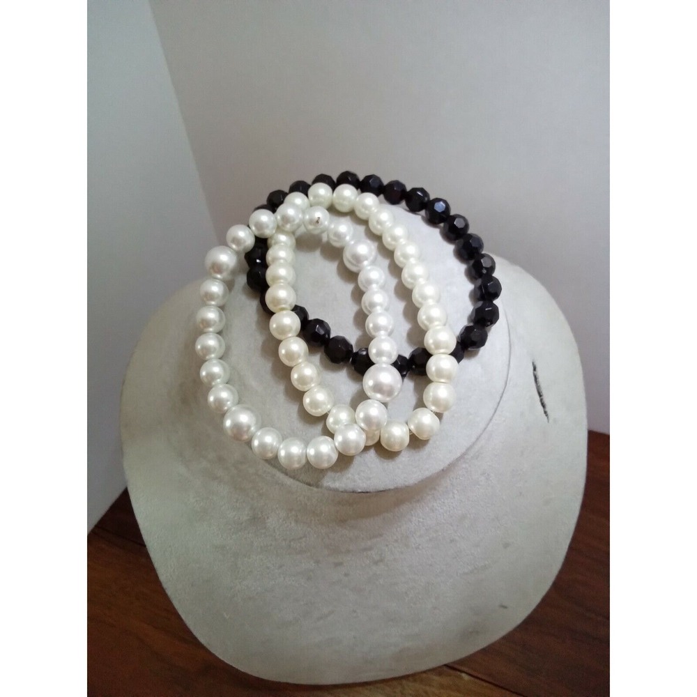 Set of 3 Stretch Beaded Bracelets White Faux Pearl and Faceted Black Beads Stack